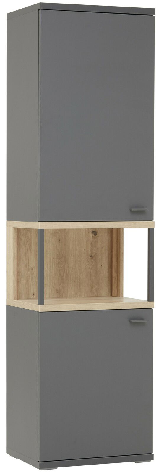 Moderne Vitrine in Grau mit Holzdetails, frontal betrachtet