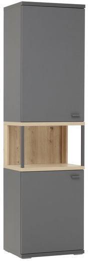 Moderne Vitrine in Grau mit Holzdetails, frontal betrachtet