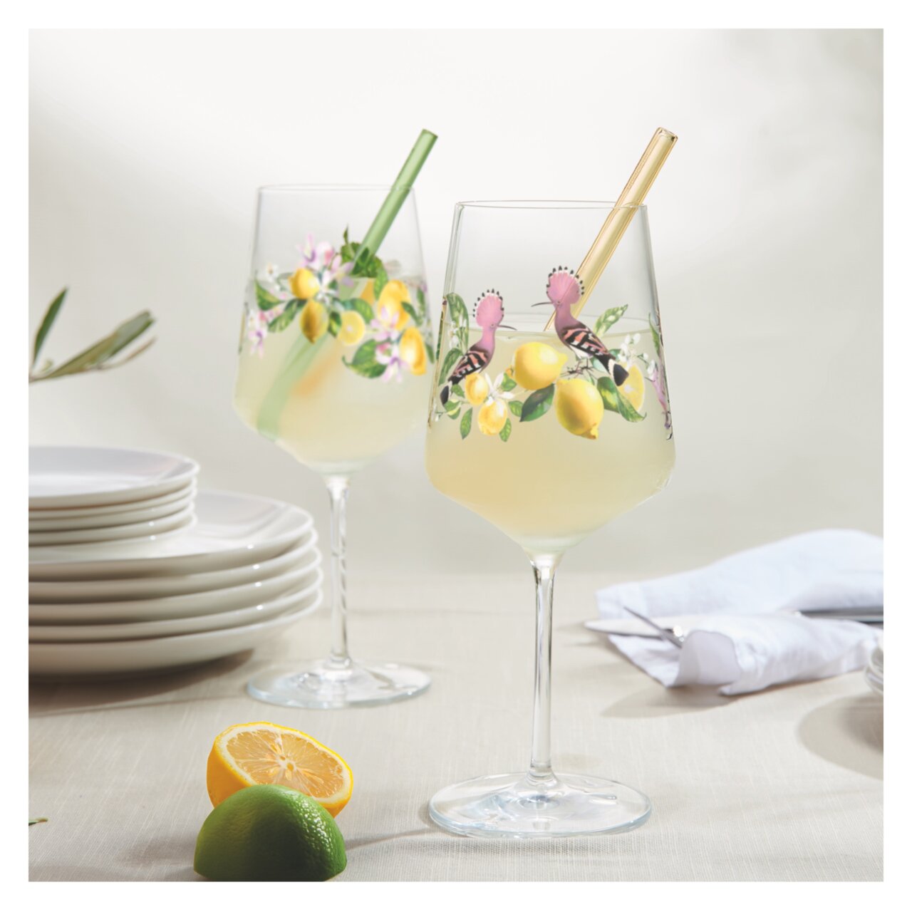 Twee wijnglazen met limoncello, versierd met citroen- en vogelmotieven, op een tafel met een stapel borden en citrusvruchten op de voorgrond, zijaanzicht.