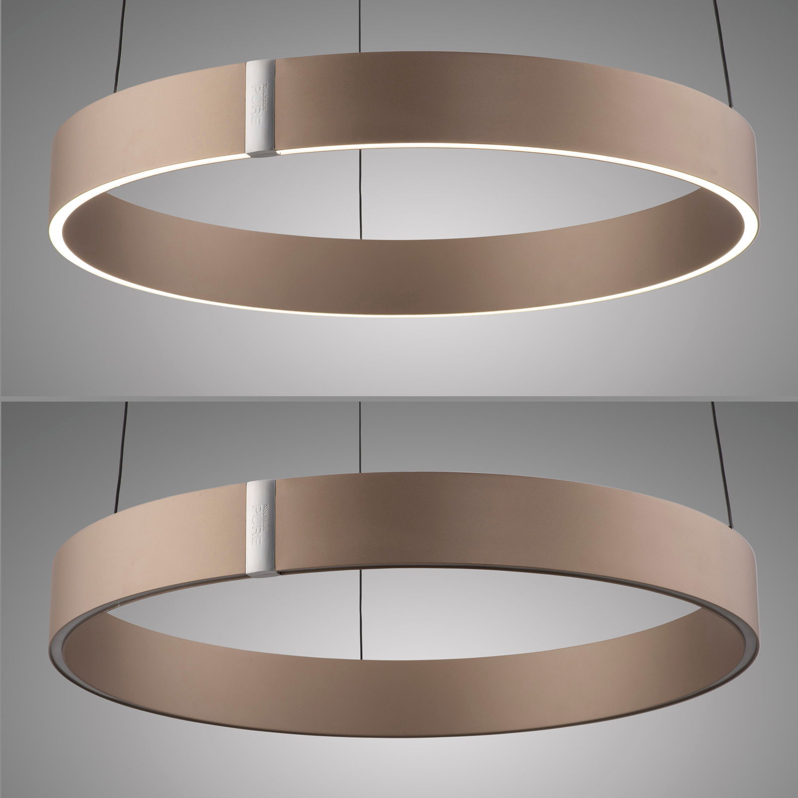 Moderne LED-Pendelleuchte in Ringform, aus braunem Material mit silbernem Akzent, von unten und seitlich betrachtet.