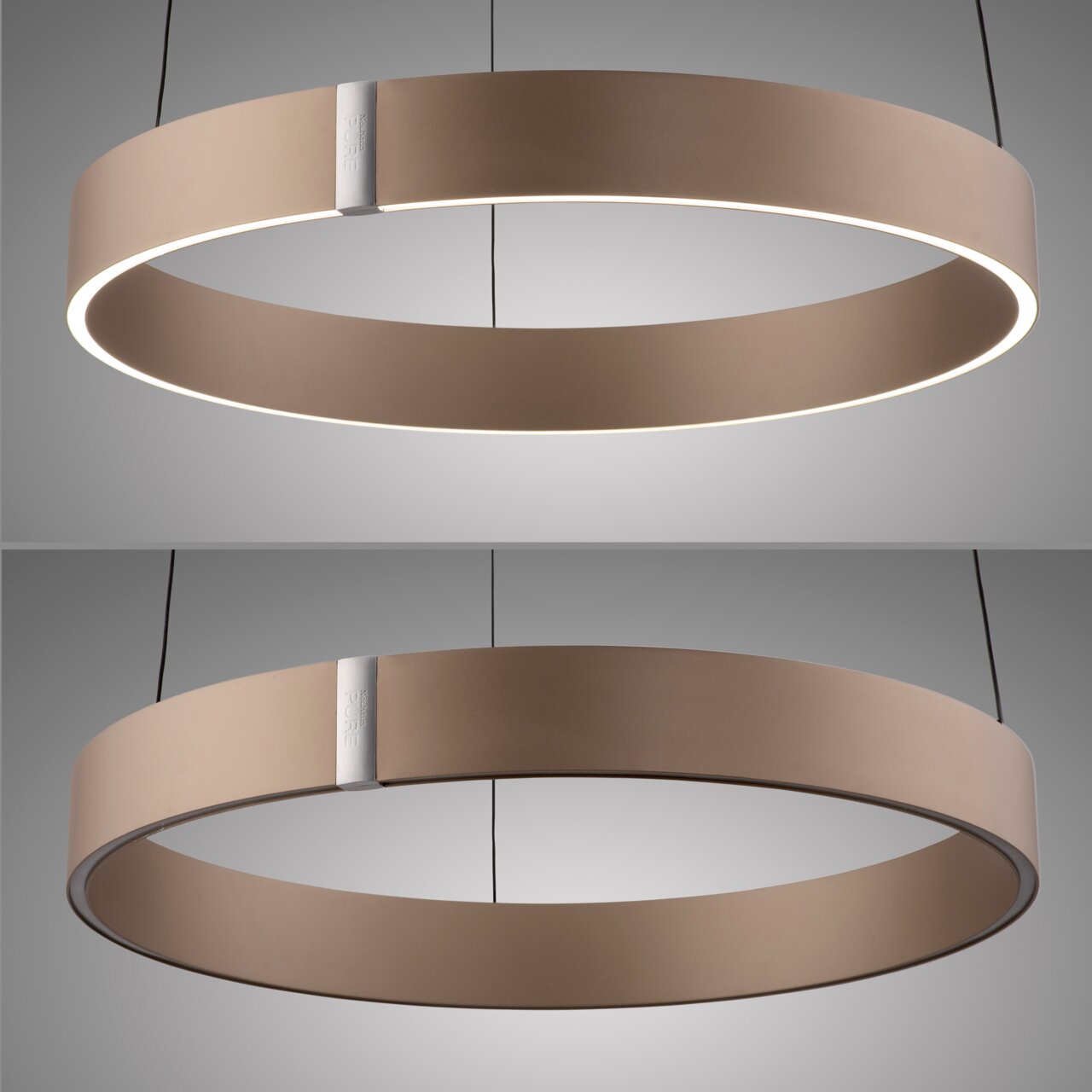 Moderne LED-Pendelleuchte in Ringform, aus braunem Material mit silbernem Akzent, von unten und seitlich betrachtet.