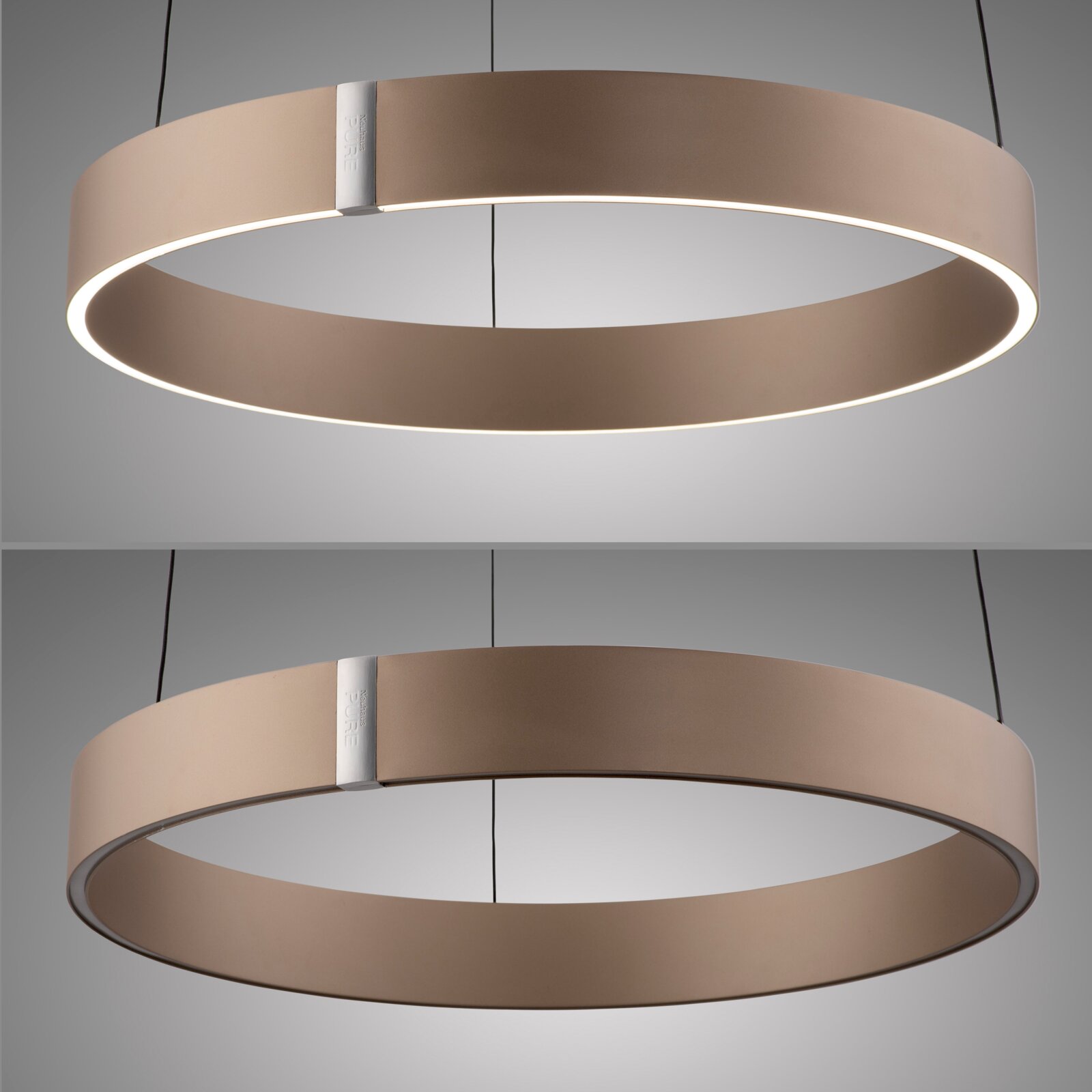 Moderne LED-hanglamp in ringvorm, gemaakt van bruin materiaal met een zilveren accent, gezien van onderaf en vanaf de zijkant.