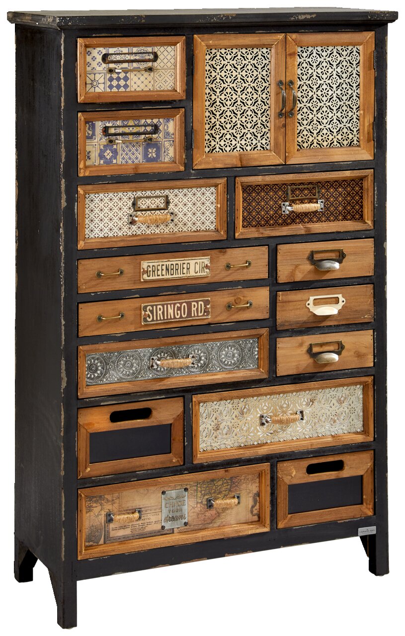 Landscape Kommode SARAH Vintage Kommode mit verschiedenen Schubladenfronten in unterschiedlichen Mustern und Farben, aus einer leicht seitlichen Perspektive fotografiert.