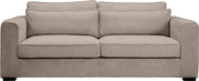 Beiges 2-Sitzer-Sofa mit Cordbezug, breiten Armlehnen und zwei großen Rückenkissen, Frontansicht auf weißem Hintergrund