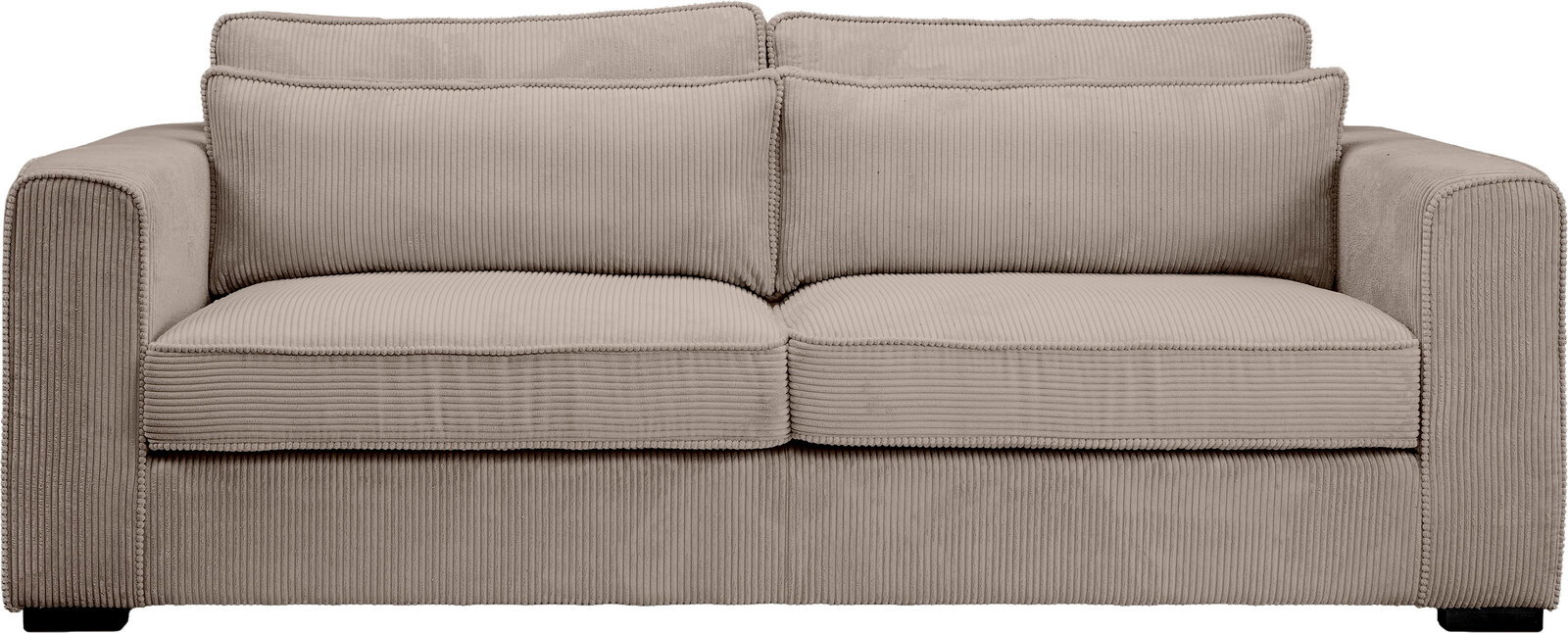 Beiges 2-Sitzer-Sofa mit Cordbezug, breiten Armlehnen und zwei großen Rückenkissen, Frontansicht auf weißem Hintergrund