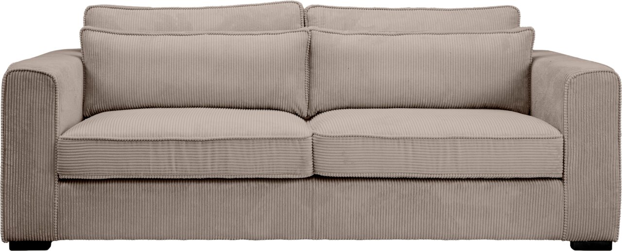 Beiges 2-Sitzer-Sofa mit Cordbezug, breiten Armlehnen und zwei großen Rückenkissen, Frontansicht auf weißem Hintergrund