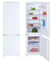 Kühlschrank mit geöffneter Tür, gefüllt mit Lebensmitteln, aus frontaler Perspektive