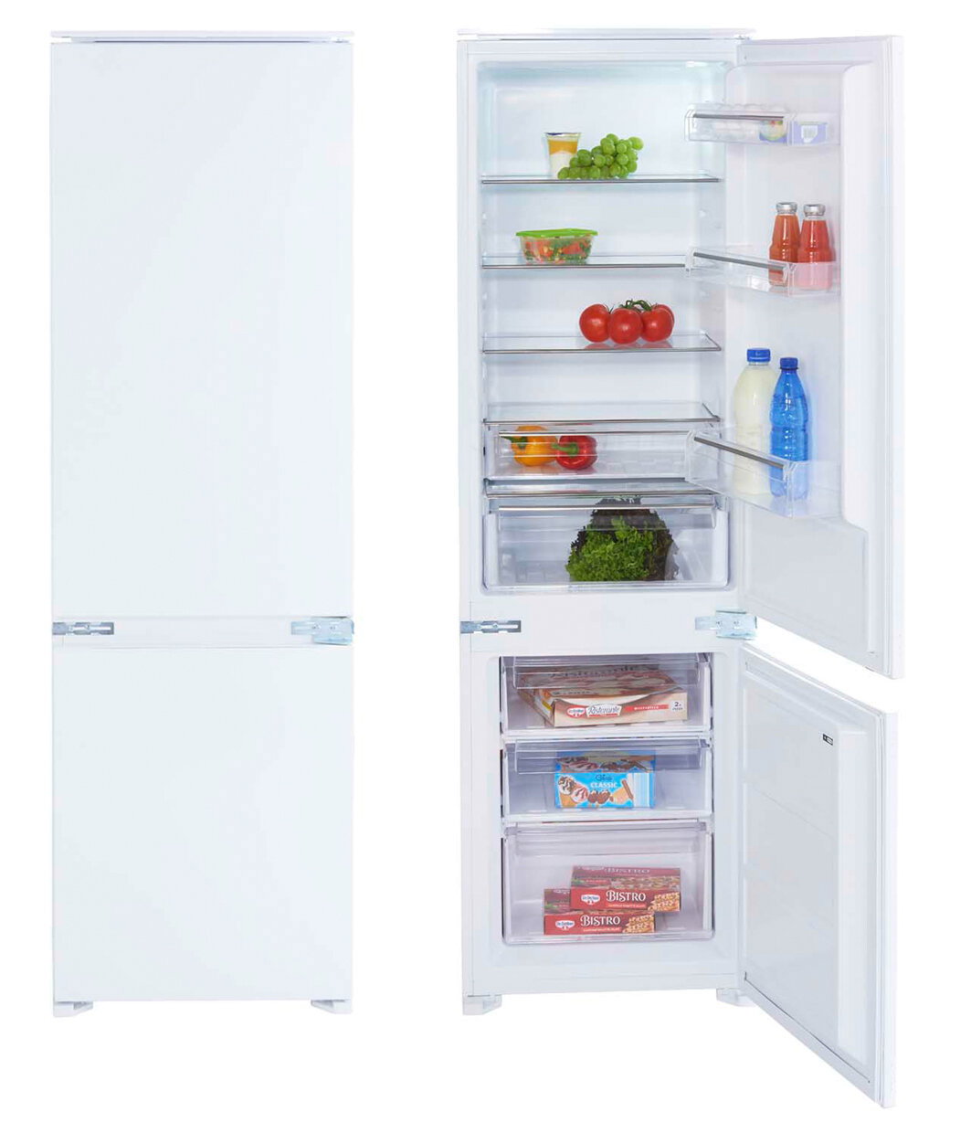 Kühlschrank mit geöffneter Tür, gefüllt mit Lebensmitteln, aus frontaler Perspektive