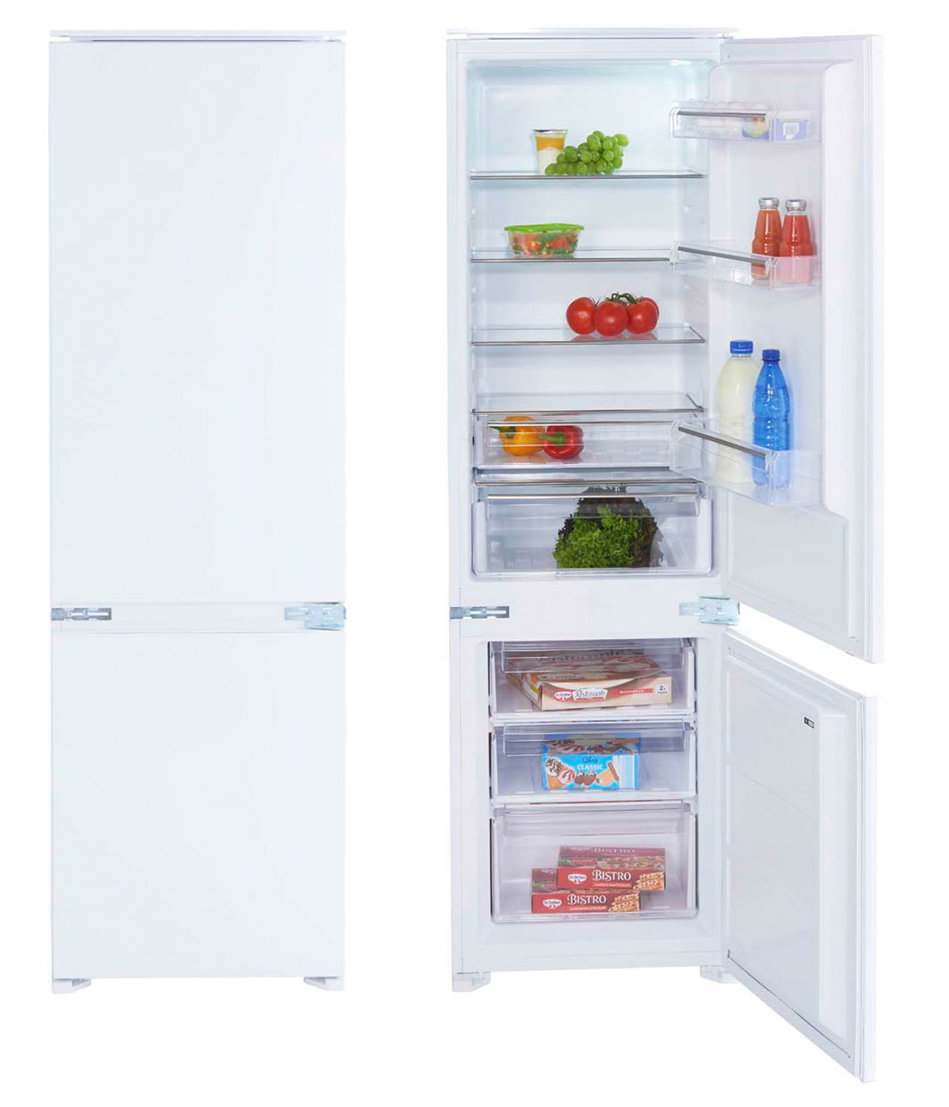 Kühlschrank mit geöffneter Tür, gefüllt mit Lebensmitteln, aus frontaler Perspektive