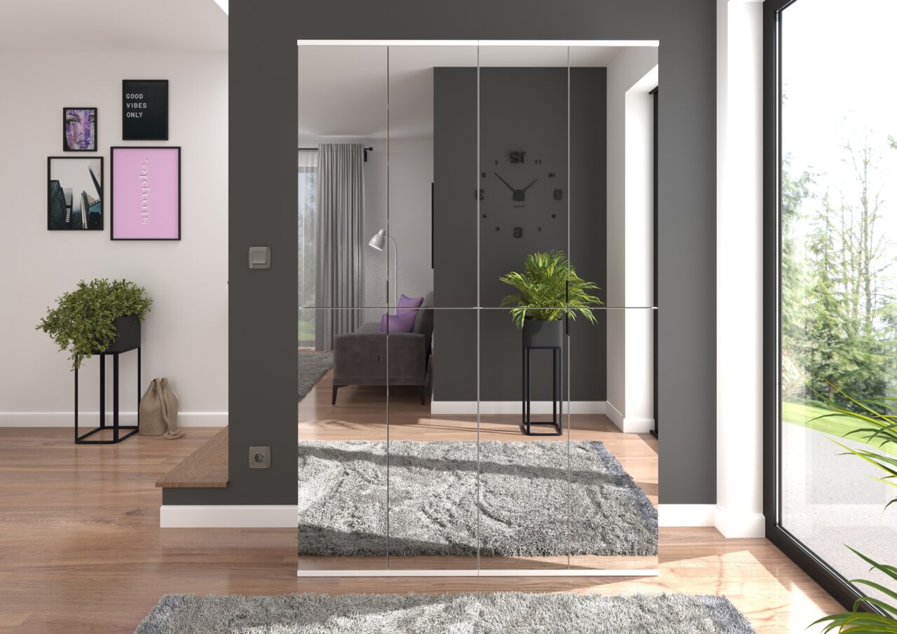 Moderner Spiegelschrank in einem stilvollen Wohnzimmer, frontal betrachtet, mit Pflanzen und dekorativen Elementen im Hintergrund.