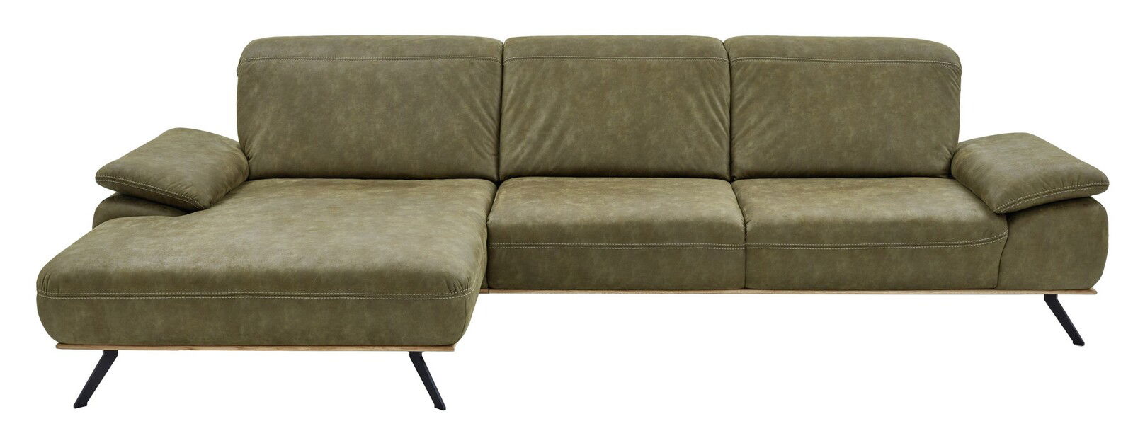 Grüne Longchairkombination mit drei Sitzplätzen und linker Armlehne, seitliche Perspektive