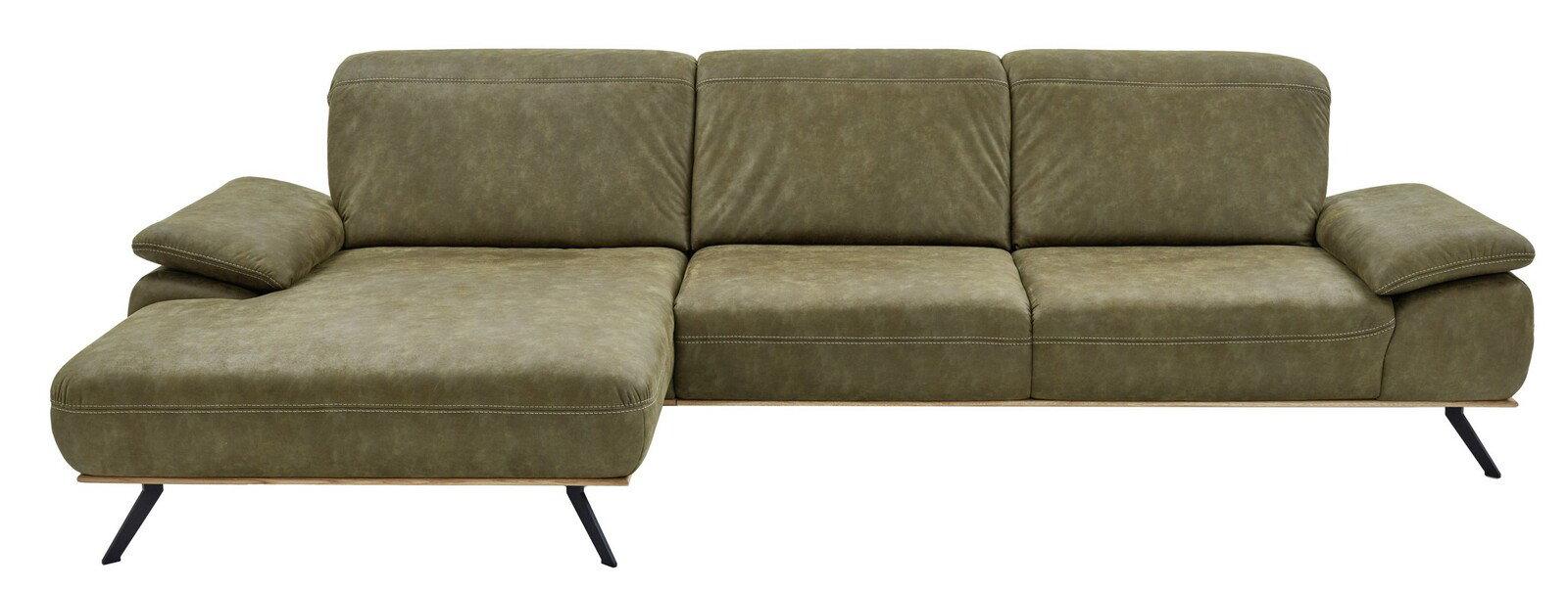 Grüne Longchairkombination mit drei Sitzplätzen und linker Armlehne, seitliche Perspektive