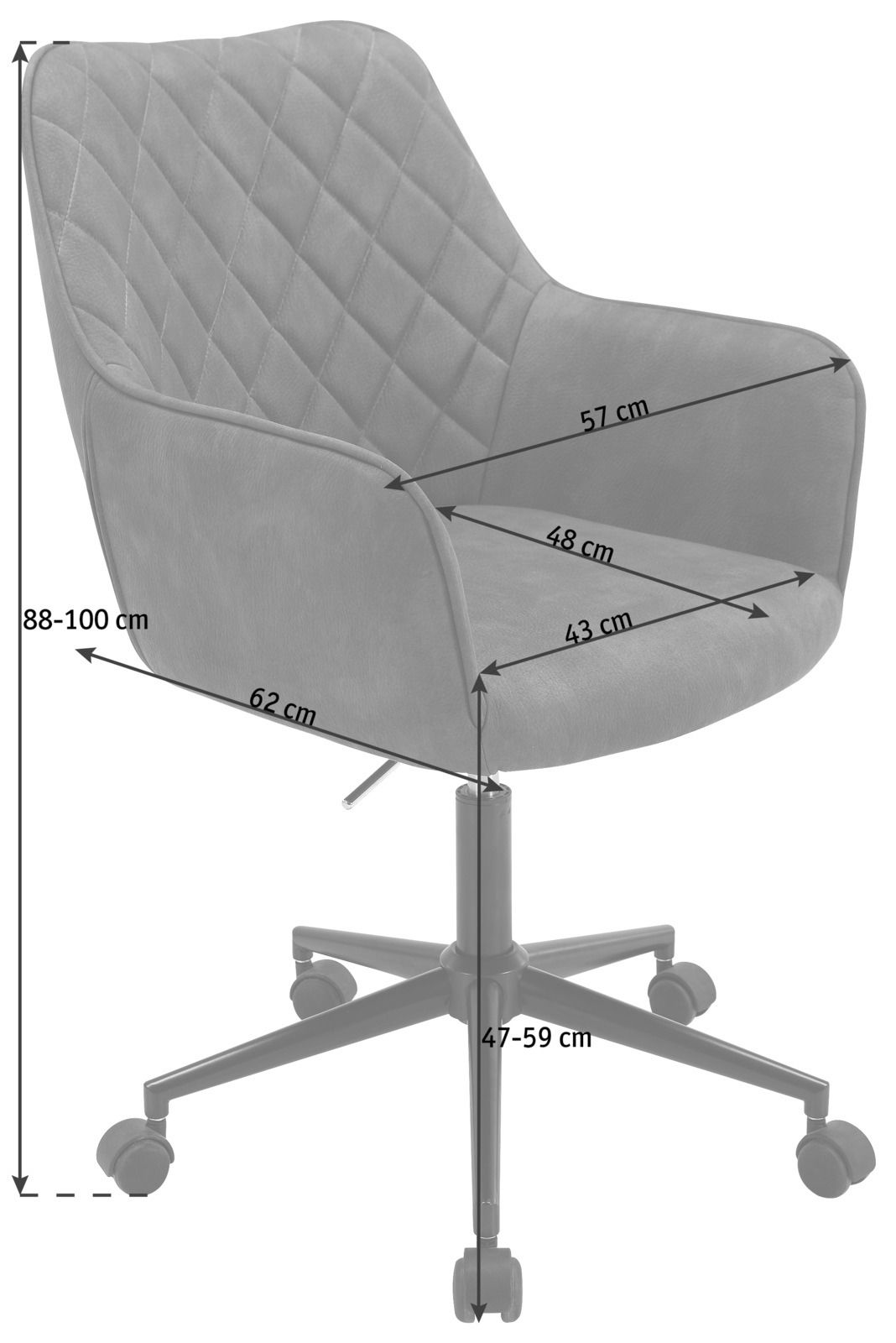 Moderner Drehstuhl mit gepolsterter Sitzfläche und Rückenlehne in Rautensteppung, Seitenansicht.