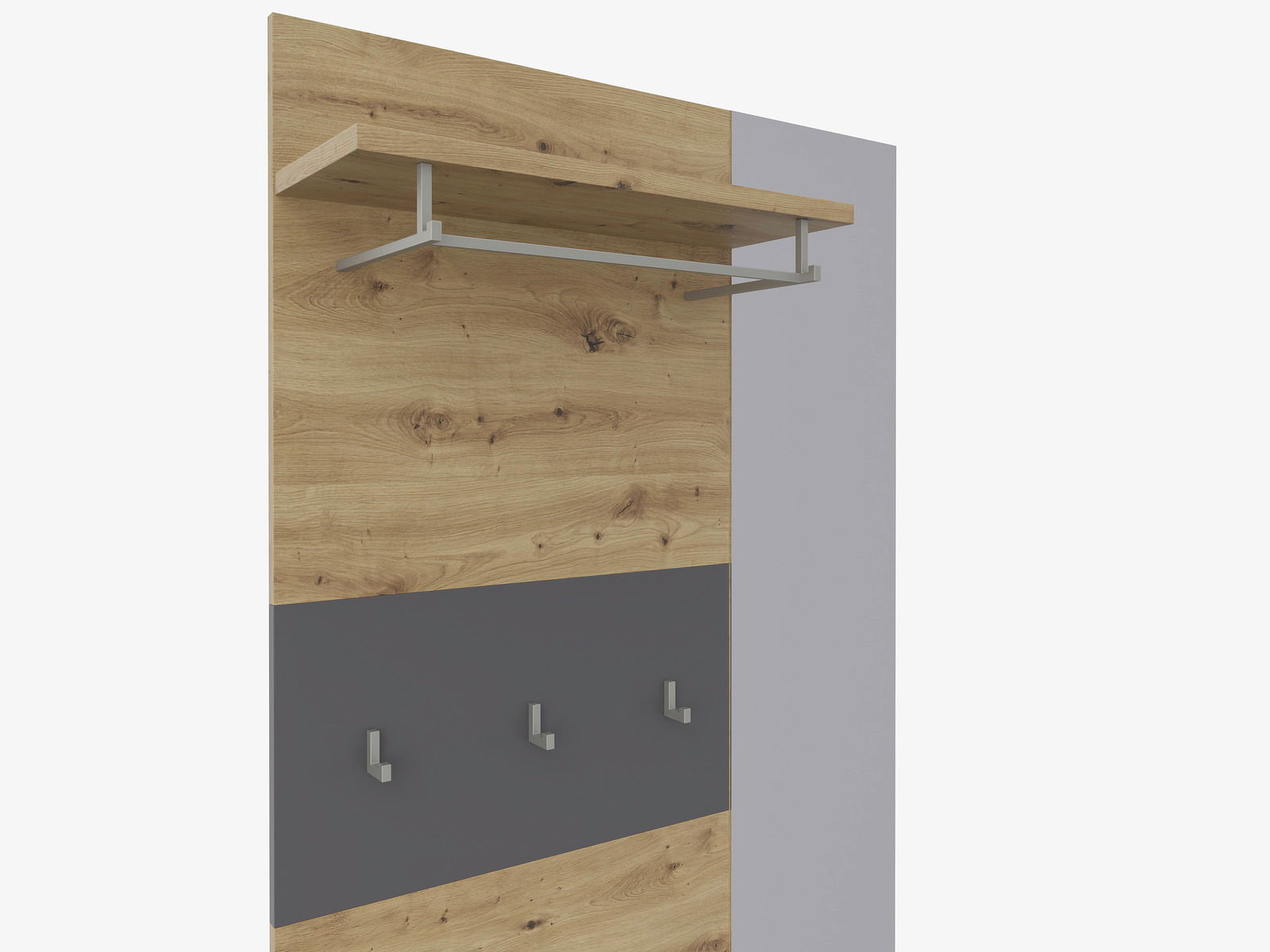 Kompaktgarderobe aus Holz mit Metallhaken und Ablage, seitliche Perspektive