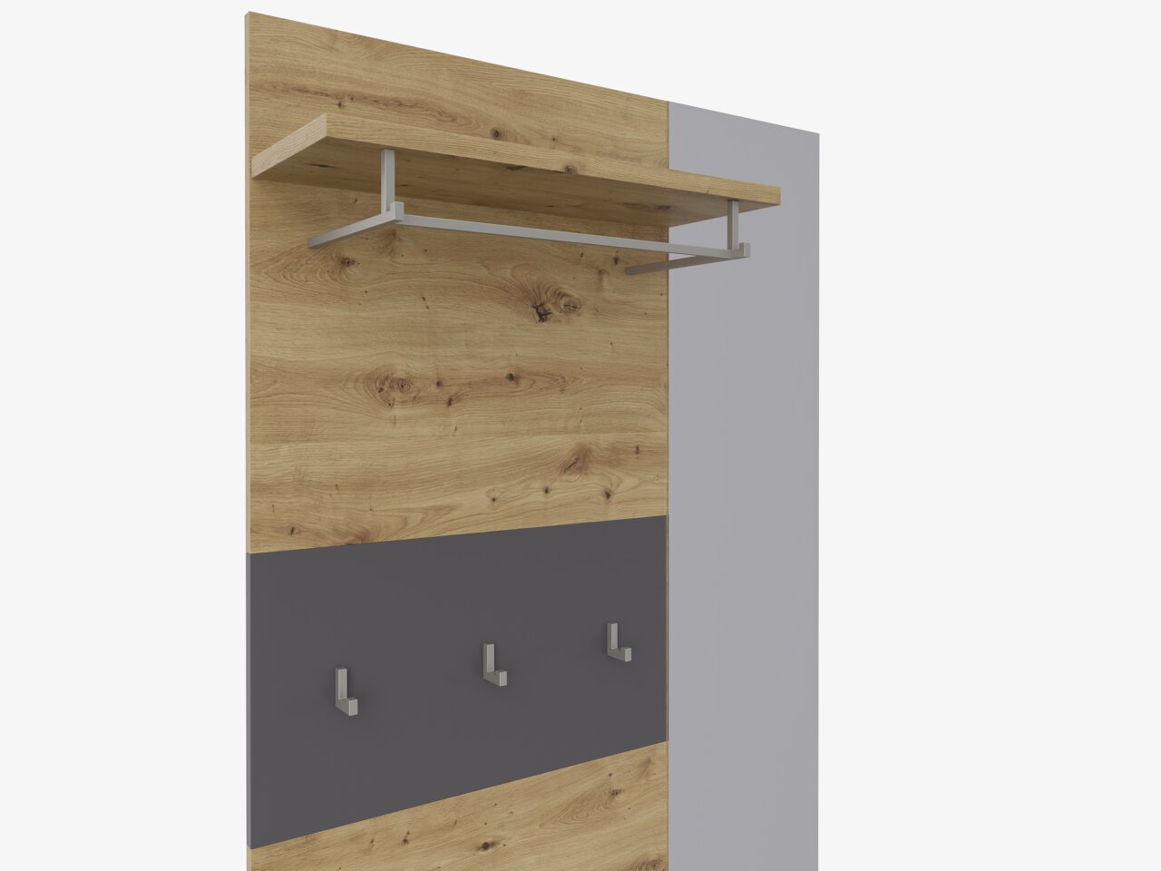 Kompaktgarderobe aus Holz mit Metallhaken und Ablage, seitliche Perspektive