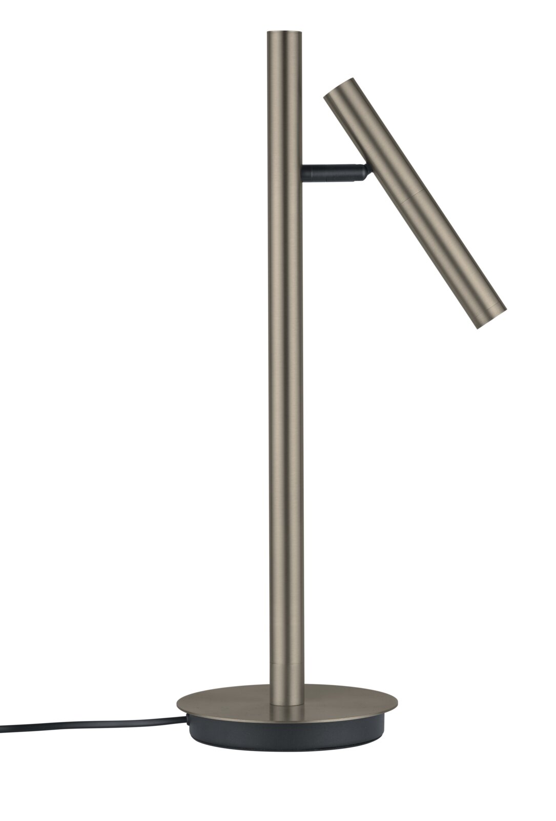 Moderne led-tafellamp in zijaanzicht met een slank, cilindrisch ontwerp en een verstelbare lampkop.