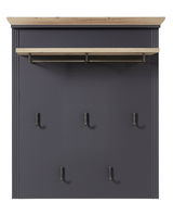 Frontale Ansicht eines Garderobenpaneels mit sechs Haken und einer Ablage in Holzoptik.