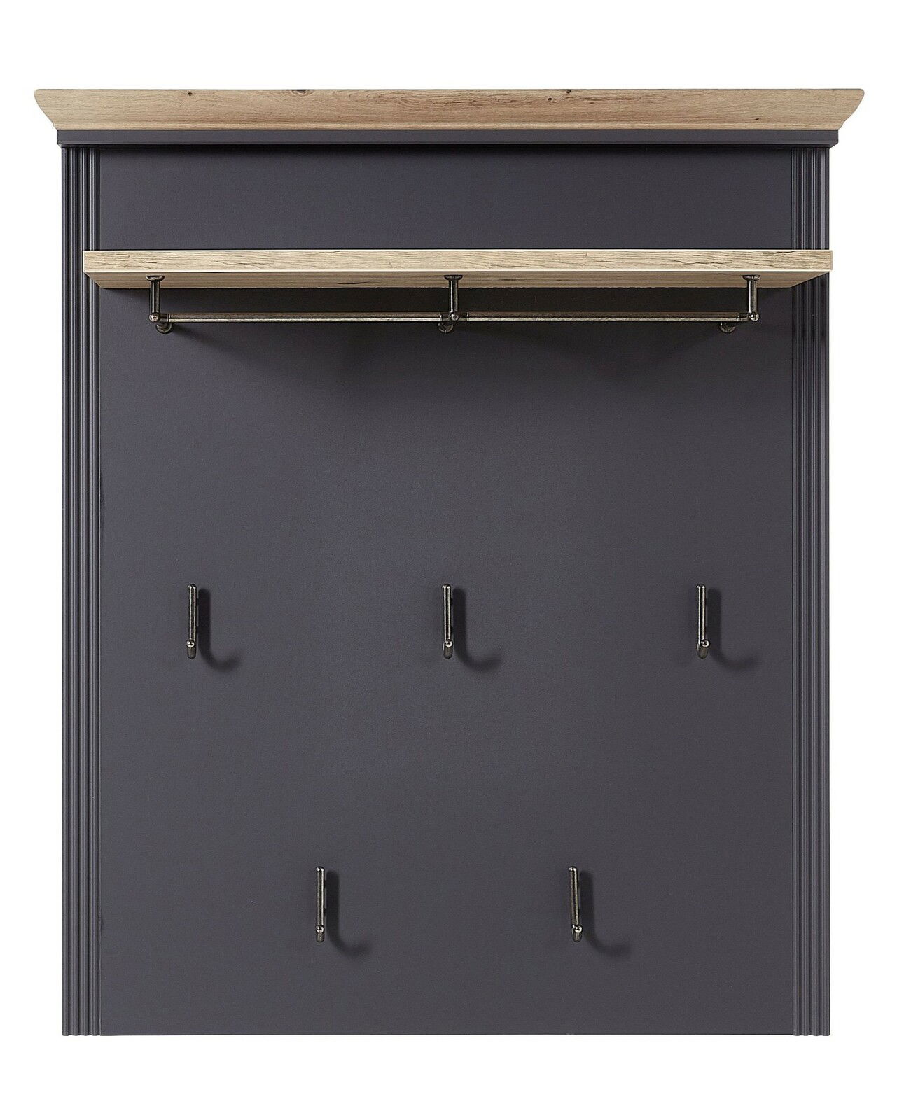 Landscape Garderobenpaneel JUDITH Frontale Ansicht eines Garderobenpaneels mit sechs Haken und einer Ablage in Holzoptik.