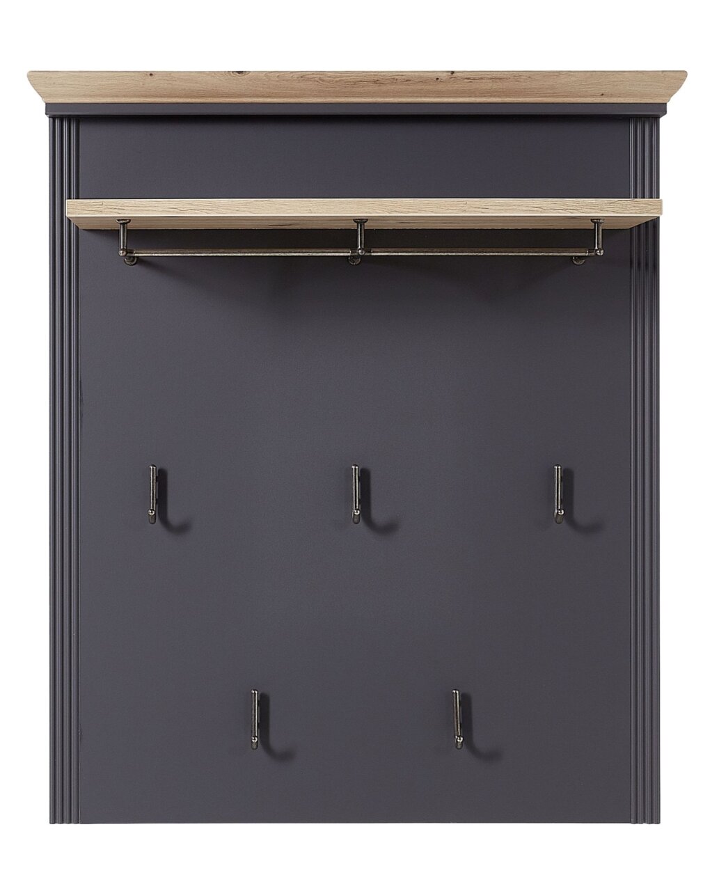 Landscape Garderobenpaneel JUDITH Frontale Ansicht eines Garderobenpaneels mit sechs Haken und einer Ablage in Holzoptik.