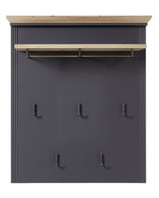 Frontale Ansicht eines Garderobenpaneels mit sechs Haken und einer Ablage in Holzoptik.