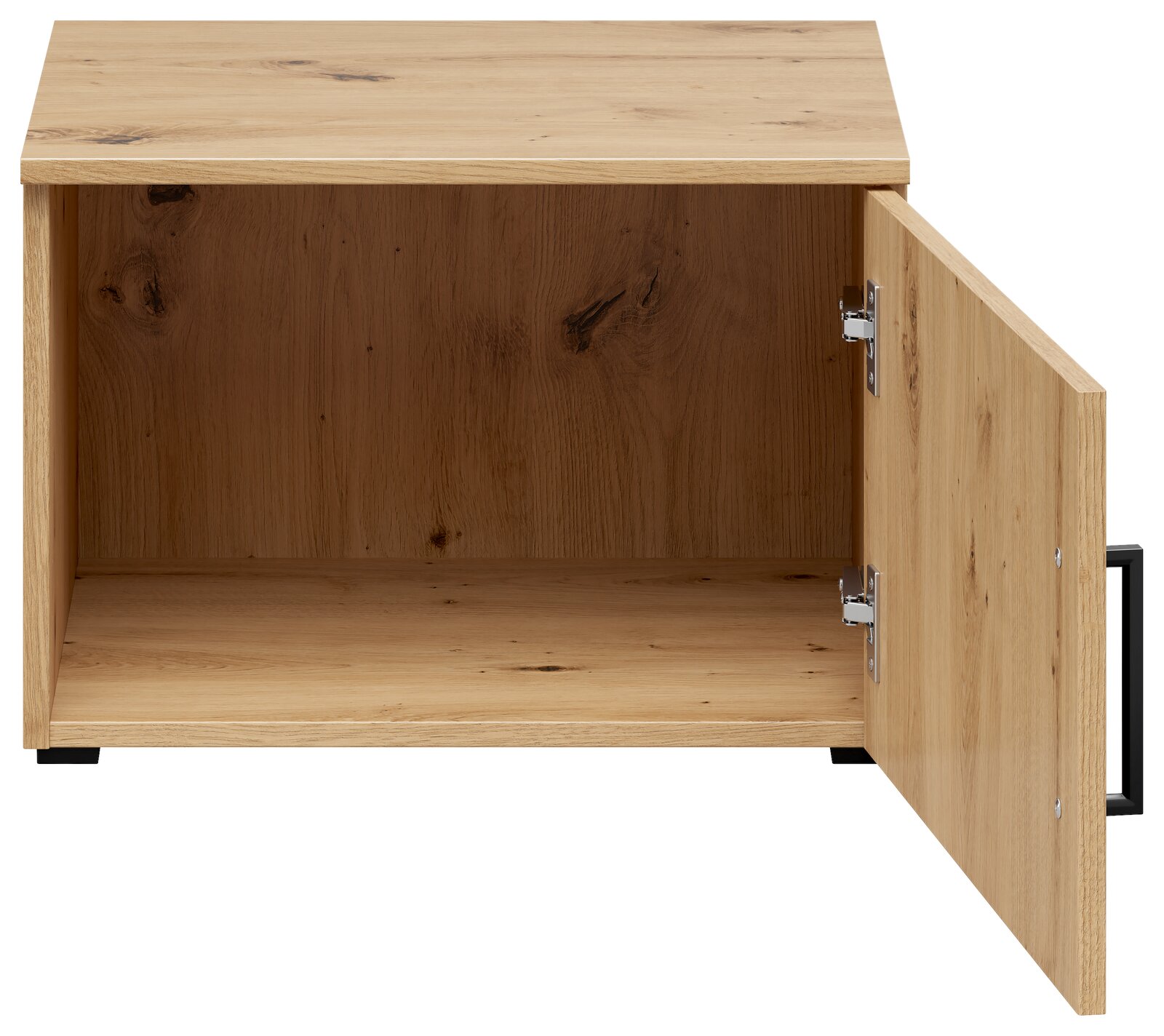 Offener Aufsatzschrank aus Holz mit einer Tür, die nach rechts geöffnet ist. Frontalansicht.