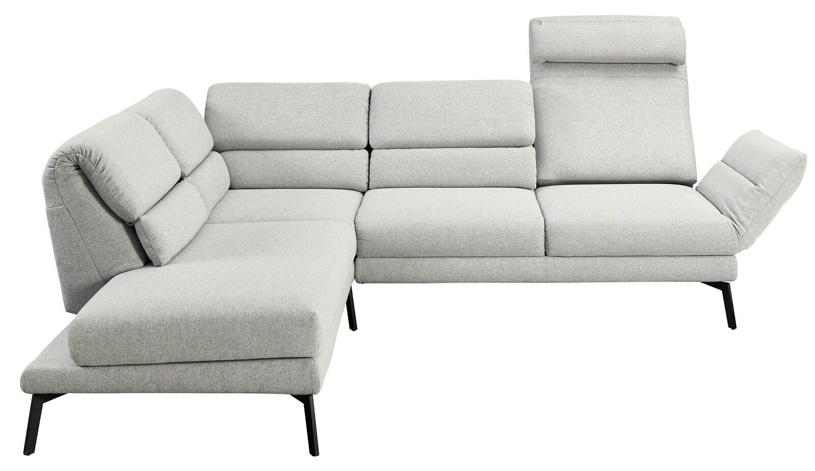 Graue Eckgarnitur mit verstellbaren Rückenlehnen, seitlicher Perspektive