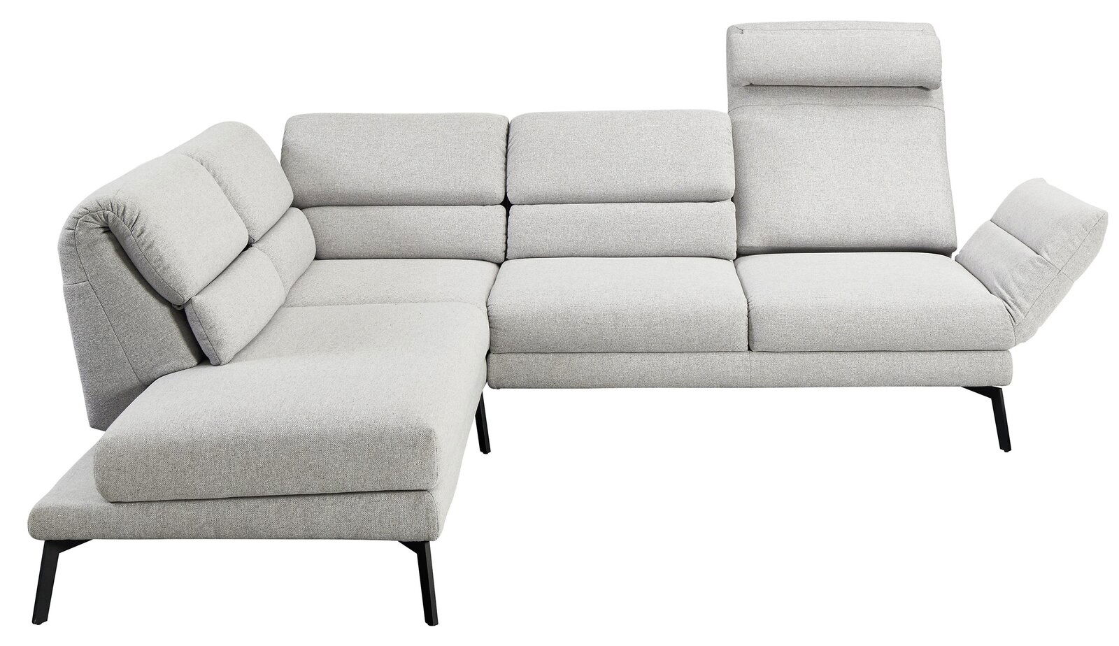 Graue Eckgarnitur mit verstellbaren Rückenlehnen, seitlicher Perspektive