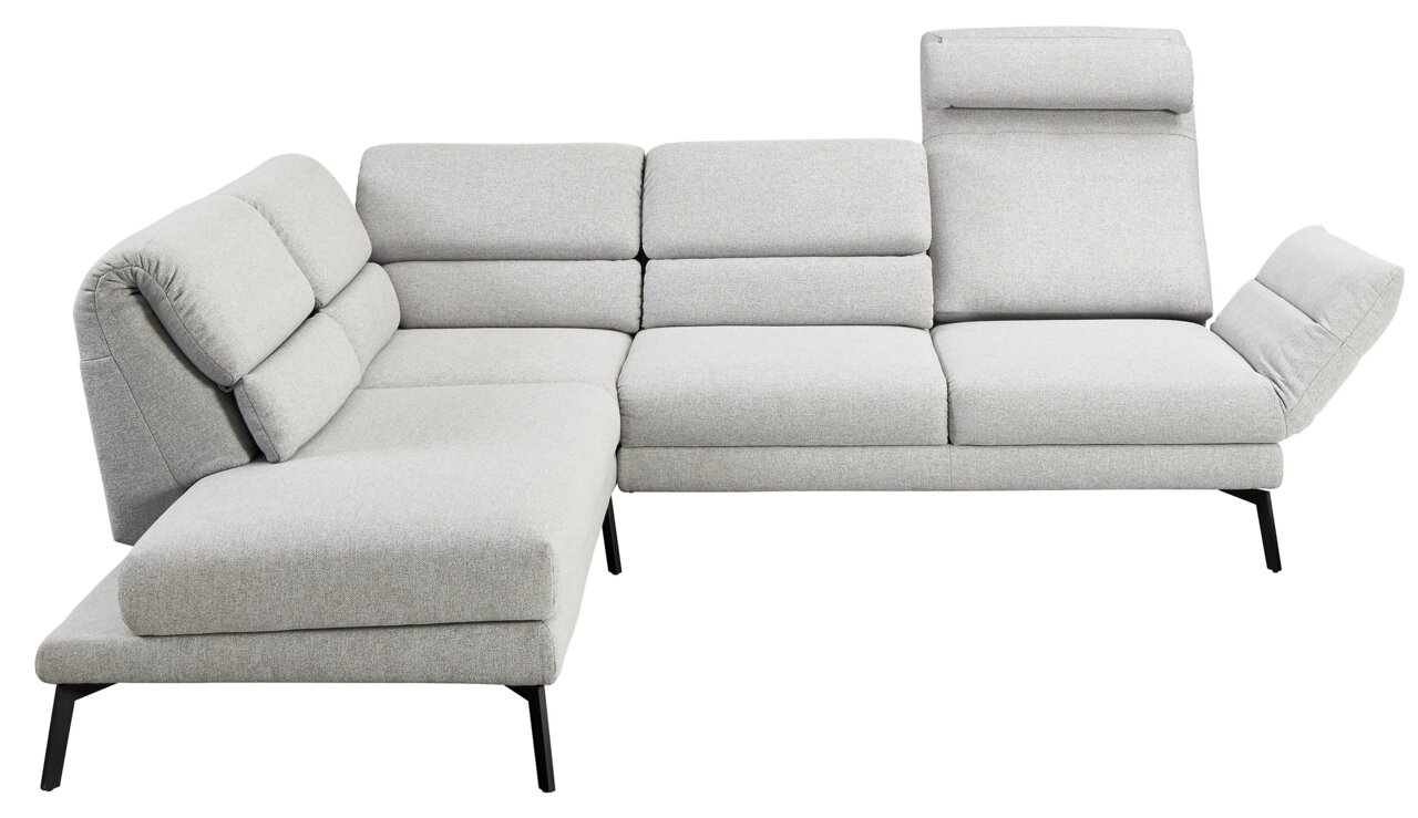 Graue Eckgarnitur mit verstellbaren Rückenlehnen, seitlicher Perspektive