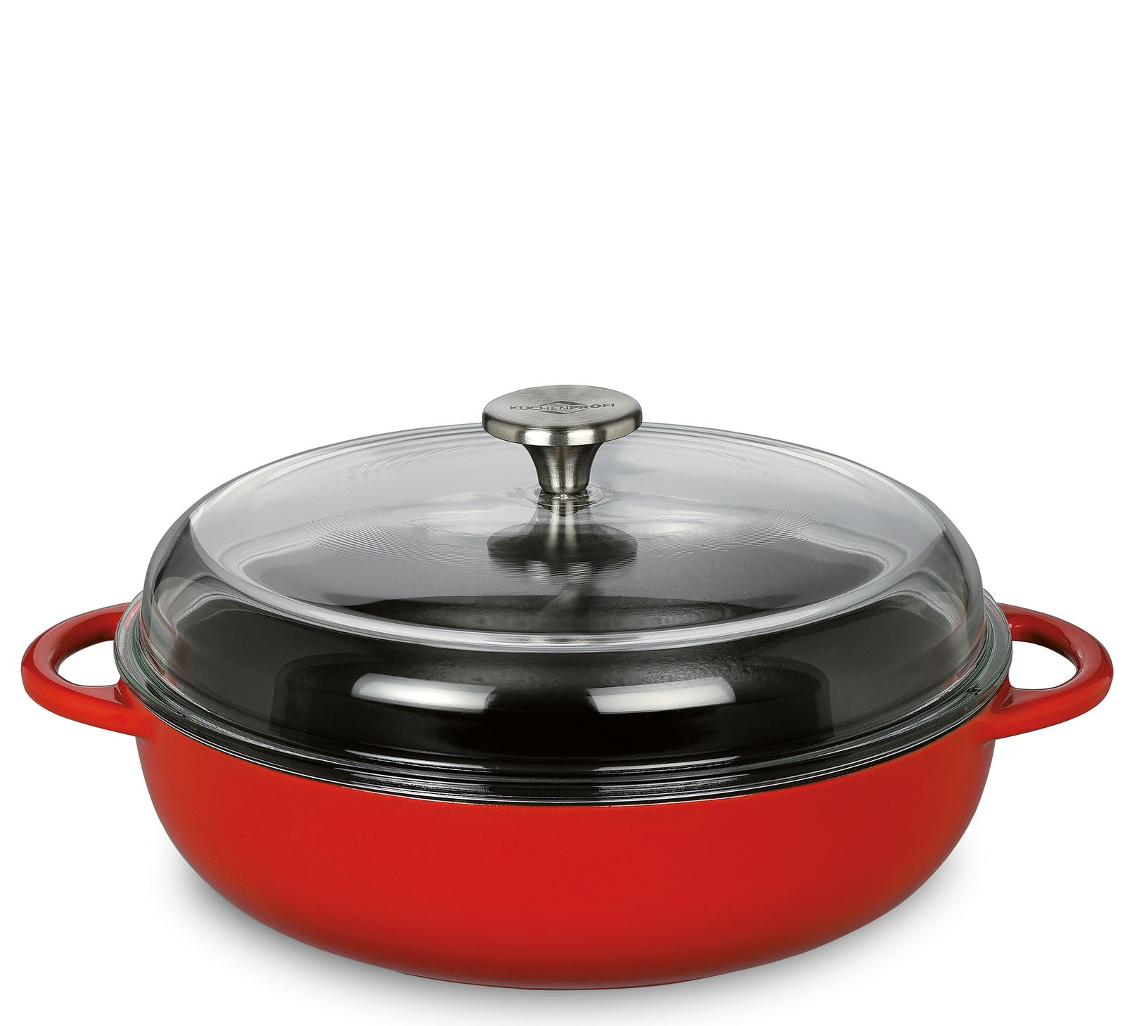 Rote Bauernpfanne Provence 28cm mit Glasdeckel, seitliche Perspektive