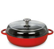 Rote Bauernpfanne Provence 28cm mit Glasdeckel, seitliche Perspektive