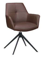 Brauner Armlehnstuhl mit schwarzem Metallgestell, seitliche Perspektive