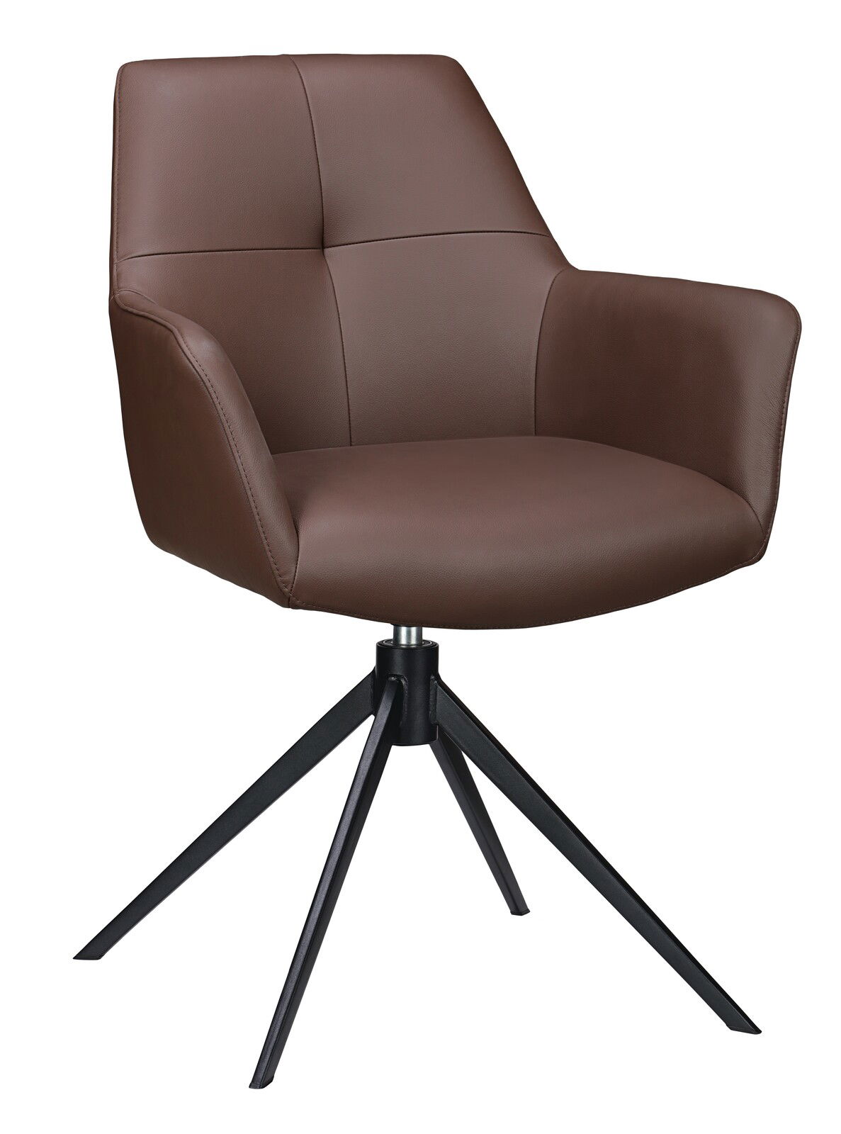 Brauner Armlehnstuhl mit schwarzem Metallgestell, seitliche Perspektive