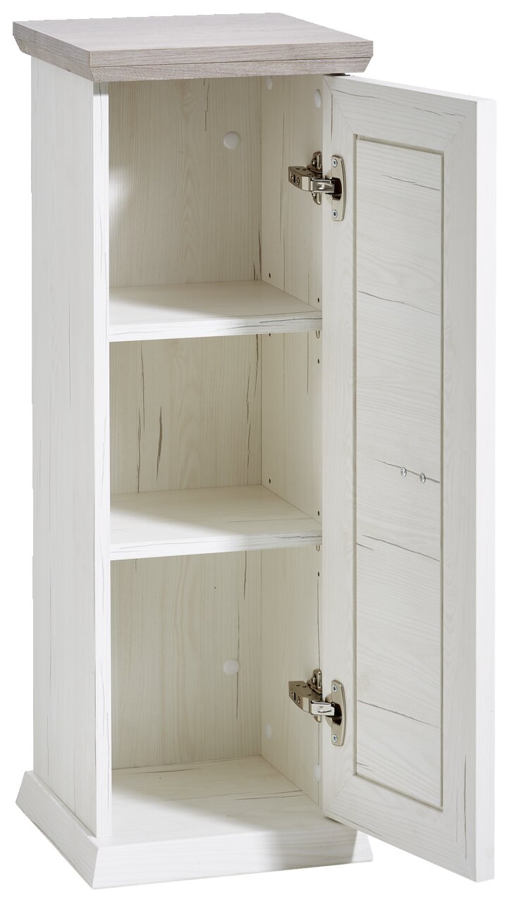 Hom´in Bijzettafel met 1 lade CAMRON Beistelltisch mit geöffneter Tür, zwei Einlegeböden und Holzoptik, Perspektive von vorne rechts