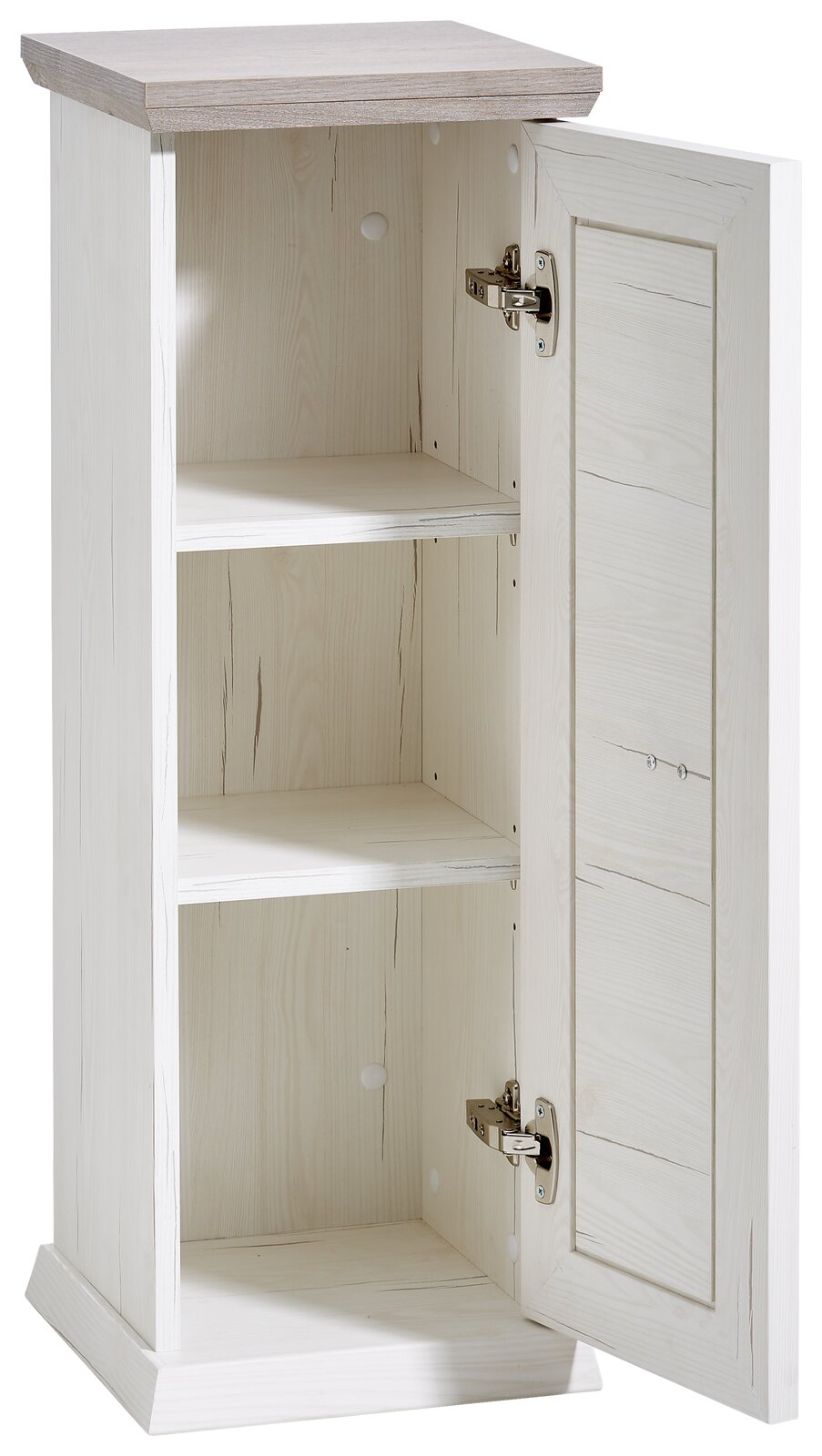 Hom´in Beistelltisch 1-trg. CAMRON Beistelltisch mit geöffneter Tür, zwei Einlegeböden und Holzoptik, Perspektive von vorne rechts