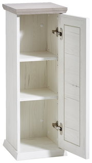 Beistelltisch mit geöffneter Tür, zwei Einlegeböden und Holzoptik, Perspektive von vorne rechts