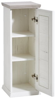 Beistelltisch mit geöffneter Tür, zwei Einlegeböden und Holzoptik, Perspektive von vorne rechts