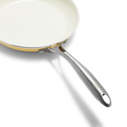 Pfanne mit gelbem Rand und silbernem Griff, seitliche Perspektive