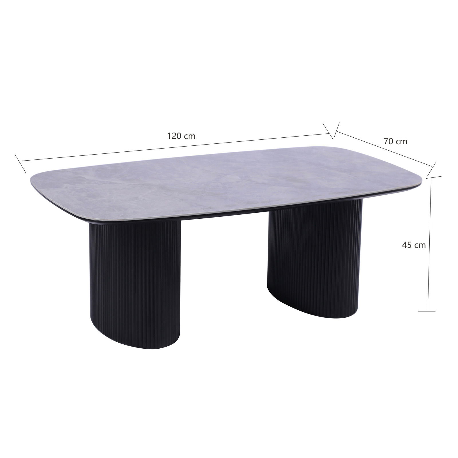Moderner Couchtisch mit ovaler grauer Tischplatte und zwei schwarzen, geriffelten Säulenbeinen, seitliche Perspektive.