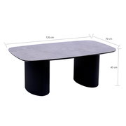 Moderner Couchtisch mit ovaler grauer Tischplatte und zwei schwarzen, geriffelten Säulenbeinen, seitliche Perspektive.