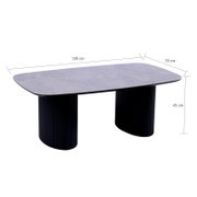 Moderner Couchtisch mit ovaler grauer Tischplatte und zwei schwarzen, geriffelten Säulenbeinen, seitliche Perspektive.