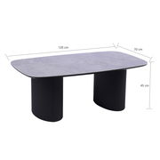 Moderner Couchtisch mit ovaler grauer Tischplatte und zwei schwarzen, geriffelten Säulenbeinen, seitliche Perspektive.