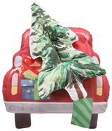 Zierkissen in Form eines roten Autos mit Geschenken und einem großen Weihnachtsbaum auf dem Dach, Vorderansicht.