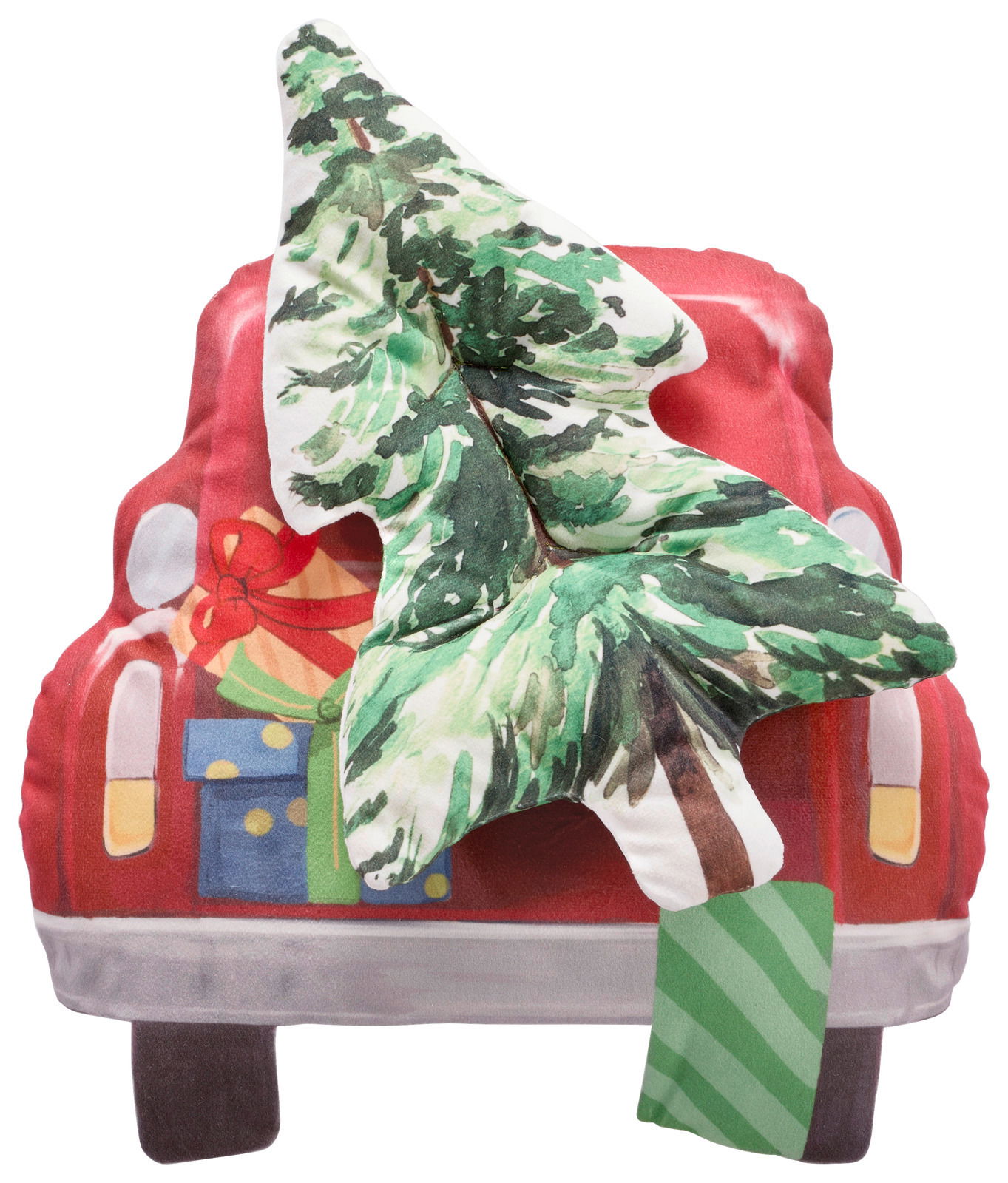 Zierkissen in Form eines roten Autos mit Geschenken und einem großen Weihnachtsbaum auf dem Dach, Vorderansicht.