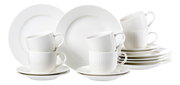Elegantes 18-teiliges Kaffeeset aus weißem Porzellan mit feinem Rautenmuster, bestehend aus Tassen, Untertassen und Tellern, seitliche Perspektive.