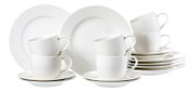Elegantes 18-teiliges Kaffeeset aus weißem Porzellan mit feinem Rautenmuster, bestehend aus Tassen, Untertassen und Tellern, seitliche Perspektive.