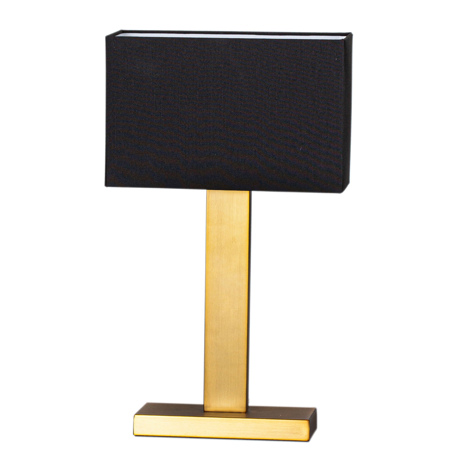 Moderne Tischleuchte PRIME mit rechteckigem, schwarzem Lampenschirm und goldfarbenem Standfuß, Frontalansicht.