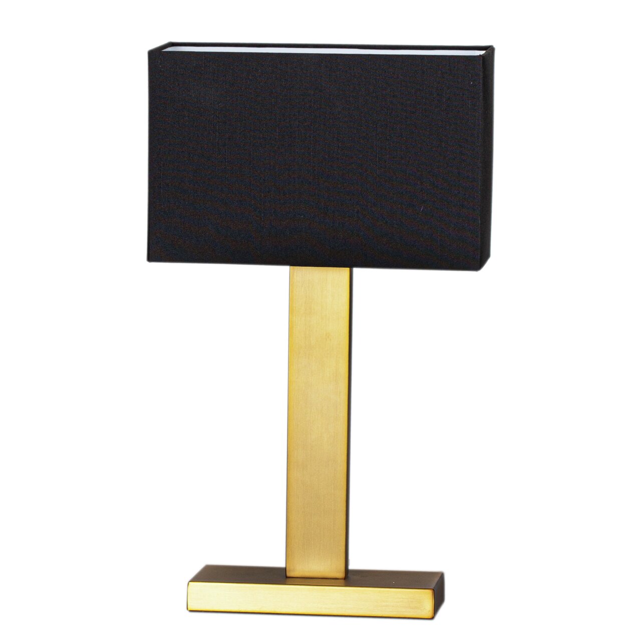 Moderne Tischleuchte PRIME mit rechteckigem, schwarzem Lampenschirm und goldfarbenem Standfuß, Frontalansicht.
