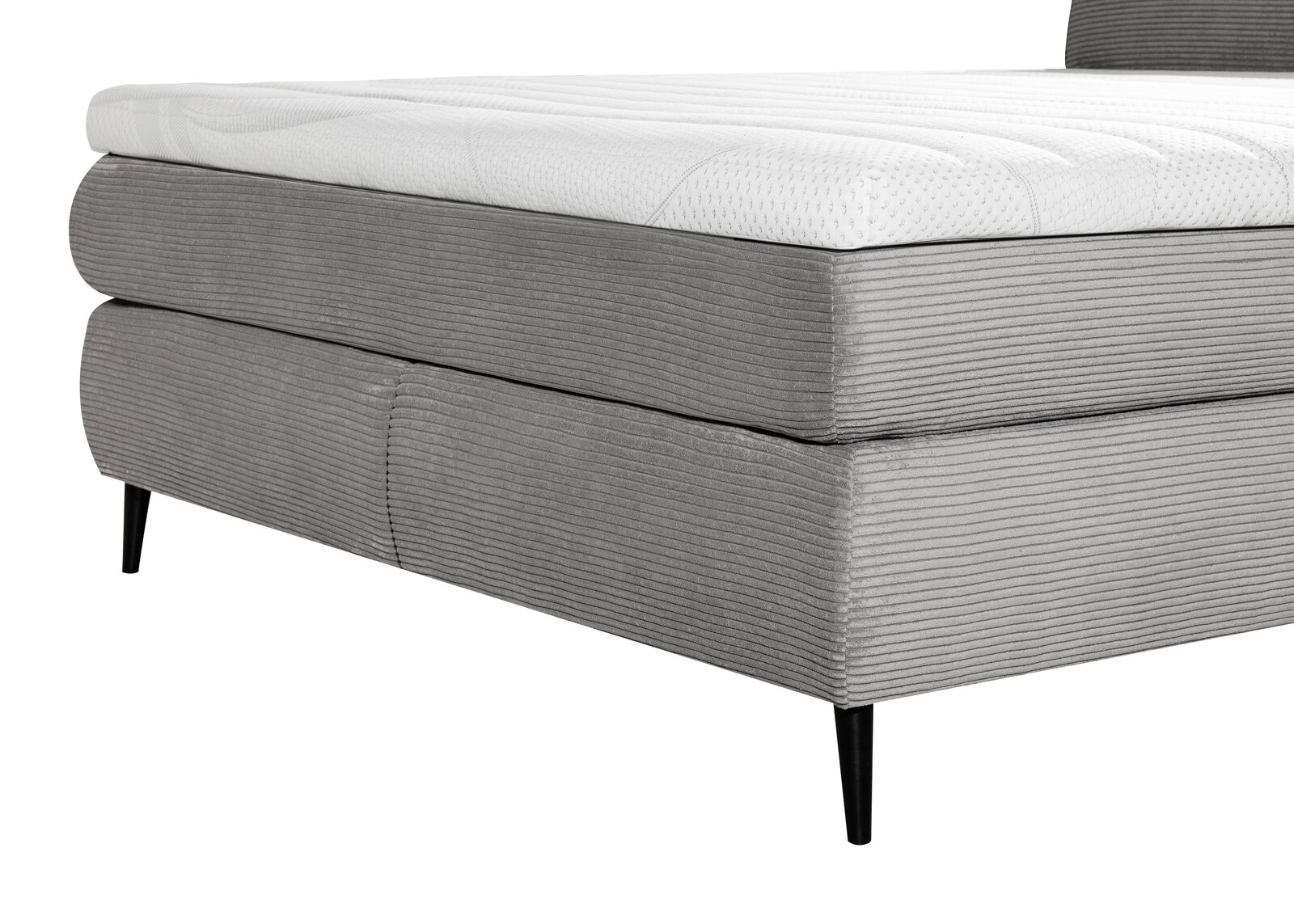 Seitliche Perspektive eines grauen Boxspringbetts mit schwarzem Bein und weißer Matratze.