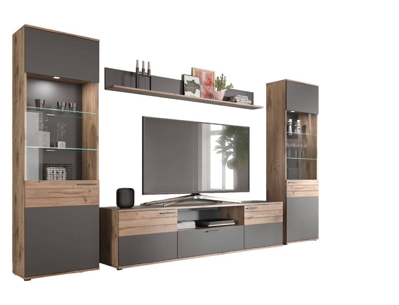 MID.YOU Wohnkombination MASON Wohnkombination mit zwei hohen Schränken, einem TV-Schrank und einem Regal in Holzoptik und grauen Fronten, frontal betrachtet.