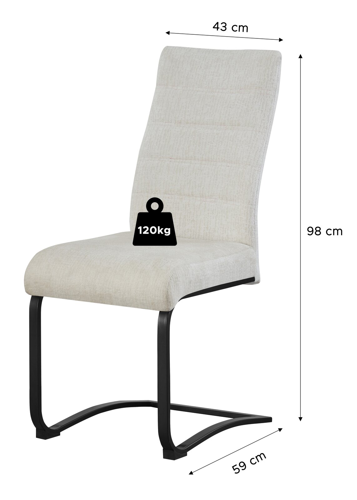 Beiger Freischwinger-Esszimmerstuhl mit schwarzem Metallgestell, Seitenansicht auf weißem Hintergrund, Maße 98 cm Höhe, 43 cm Breite und 59 cm Tiefe, belastbar bis 120 kg.